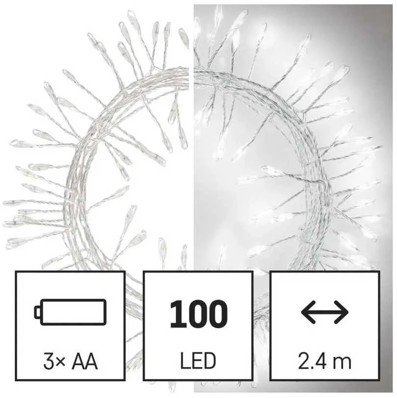 LED girlianda NANO, 4.5Vac (3xAA), 2.4m, 100 x LED, šaltai balta, su laikmačiu, EMOS