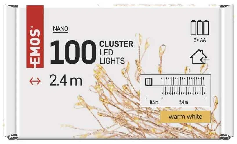 LED girlianda NANO, 4.5Vac (3xAA), 2.4m, 100 x LED, šiltai balta, su laikmačiu, EMOS