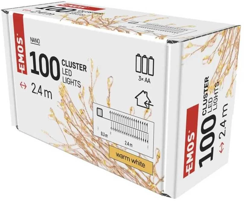 LED girlianda NANO, 4.5Vac (3xAA), 2.4m, 100 x LED, šiltai balta, su laikmačiu, EMOS