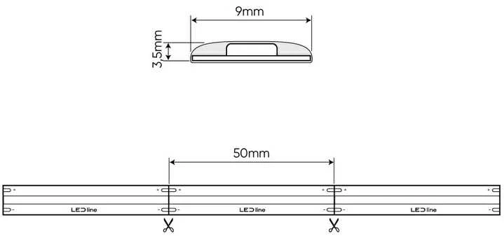 LED juosta 24Vdc, 8W/m, COB 320LED/m, 800lm, šaltai balta 6500K, IP66 hermetiška, 180°, LED LINE