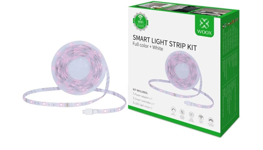 LED juostos komplektas su Wi-Fi valdikliu ir maitinimo šaltiniu, RGB+WW, 5m, 24W, 1000lm, TUYA / Smart Life, WOOX