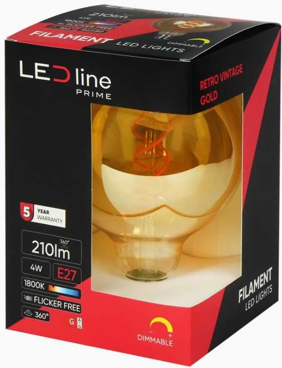 LED lemputė E27 G125 230V 4W 210lm, gintarinė balta 1800K, RETRO VINTAGE GOLD, pritemdoma, LED line PRIME