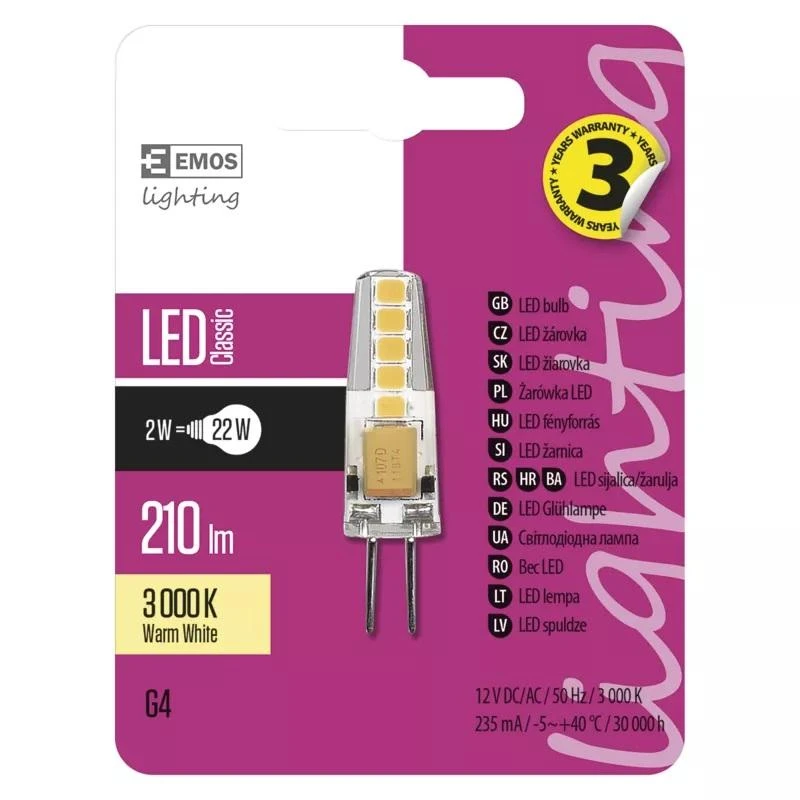 LED lemputė G4 12V JC 2W 210lm, šiltai balta, 3000K, EMOS