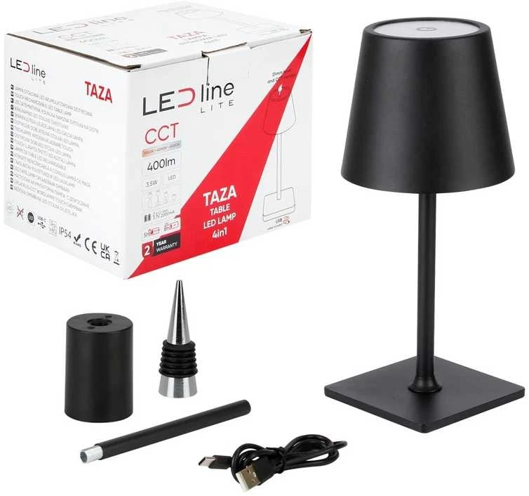 Led Line Lite Įkraunama stalinė lempa TAZA 3.5W 400lm CCT IP54 juoda 2x2000mAh 4in1 LITE