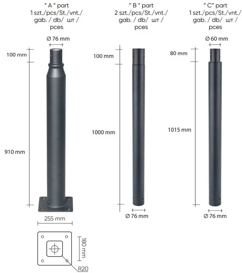 Led Line Prime Apšvietimo stulpo komplektas, surenkamas, 4m, juodas