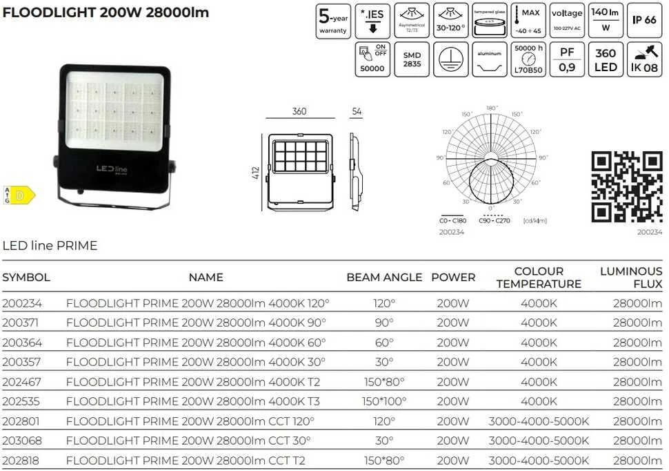 Led Line Prime Lauko šviestuvas PRIME CCT, 230Vac, 200W, 28 000lm, 140lm/W, 3000K 4000K 5000K, IP66, 120°