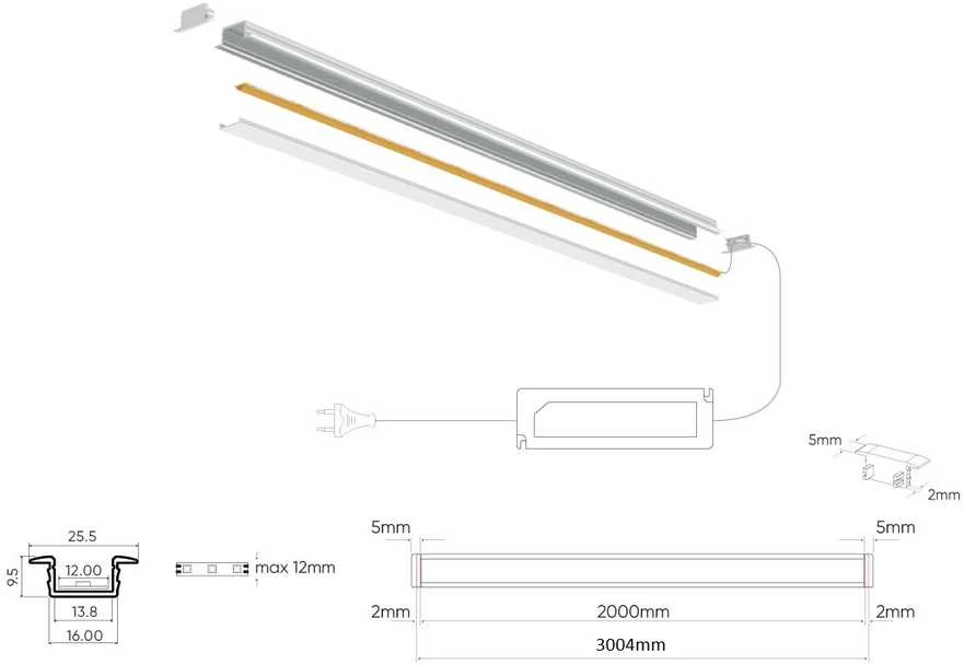 Led Line Prime LED profilio komplektas, 3m, įleidžiamas, baltas, su baltu dangteliu ir aklėmis