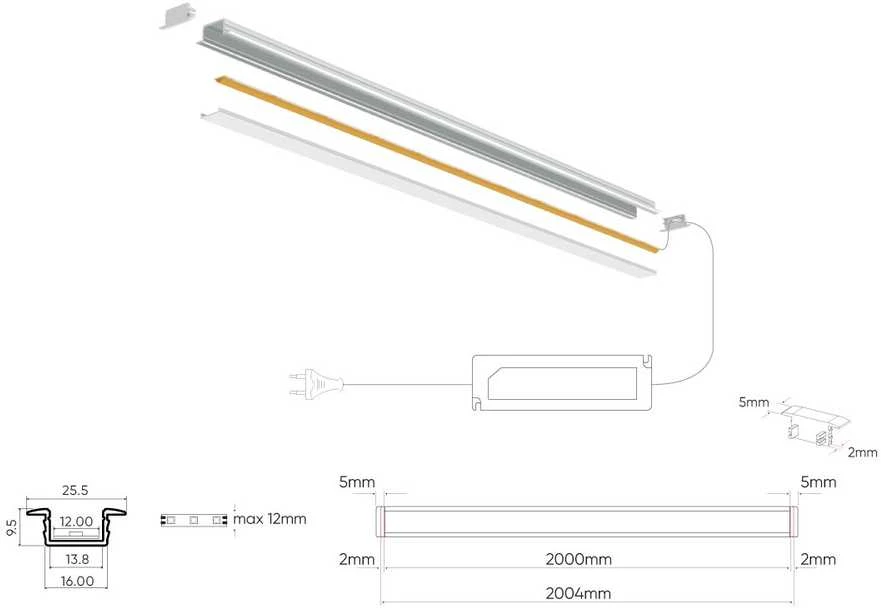 Led Line Prime LED profilio komplektas, 2m, įleidžiamas, juodas, su baltu dangteliu ir aklėmis