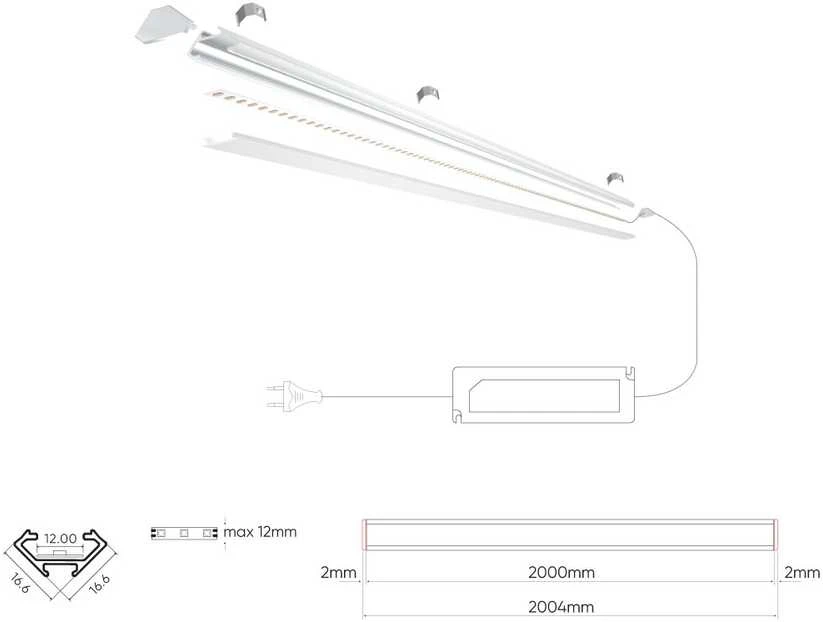 Led Line Prime LED profilio komplektas, 2m, kampinis, baltas, su baltu dangteliu, laikikliais ir aklėmis