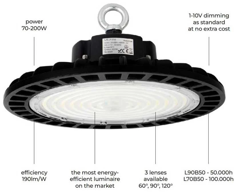 MicroConnect Led Line Prime Sandėlio šviestuvas PHANTOM, 230Vac, 70W 13 300lm, 190lm/W, 120°, 1-10V pritemdomas