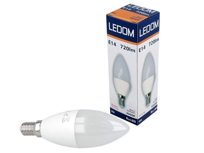 Lemputė LED E14 230V 8W 720lm C37 žvakės formos, neutraliai balta 4000K, LEDOM
