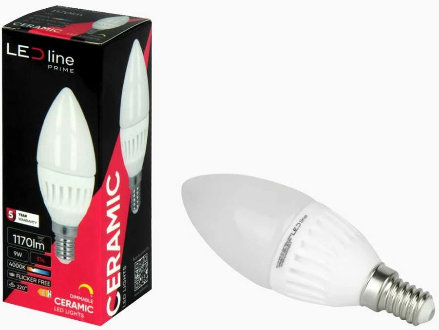 Lemputė LED E14 230V 9W 1170lm žvakės formos, šiltai balta 2700K, pritemdoma, LED line PRIME