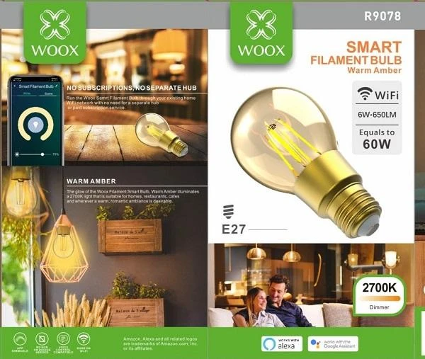 Lemputė LED filamentas E27, 230V, 6W, 650lm, 2700K, išmanioji Wi-Fi, valdoma programėle, TUYA, WOOX