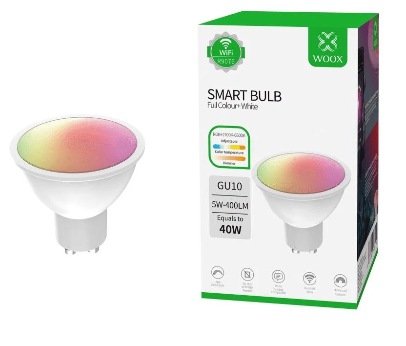 Lemputė LED GU10, 230V, 5.5W, 400lm, 2700K - 6500K, CCT, RGB, išmanioji Wi-Fi, valdoma programėle, TUYA, WOOX