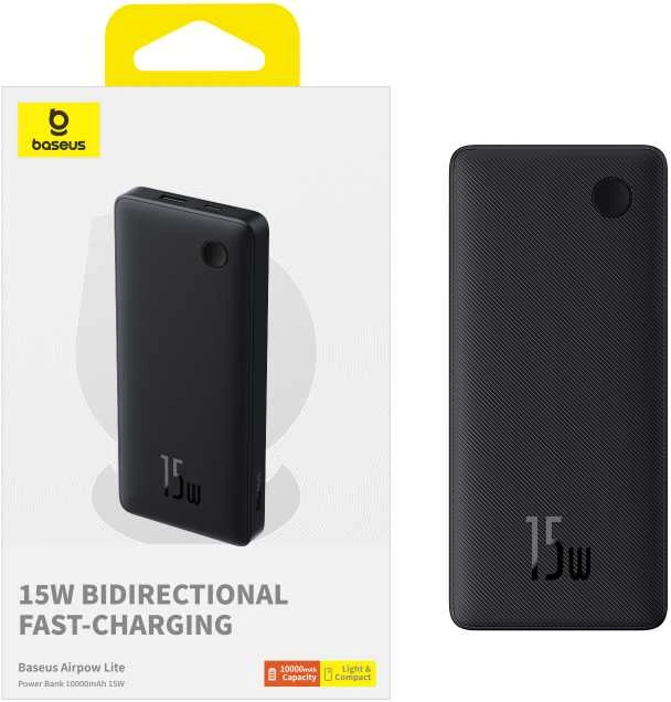 LiPo išorinis akumuliatorius (PowerBank) 10000mAh 15W USB + USB-C Airpow Lite juodas BASEUS