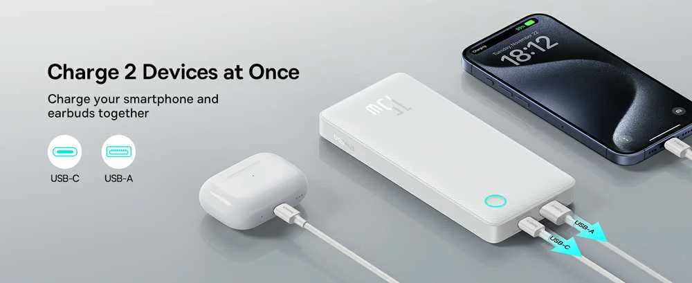 LiPo išorinis akumuliatorius (PowerBank) 10000mAh 15W USB + USB-C Airpow Lite baltas BASEUS