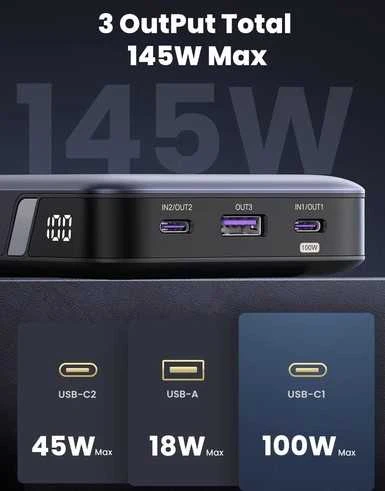 Nešiojamas įkroviklis UGREEN Powerbank 145W nešiojamajam kompiuteriui - 3 jungtys / 25000mAh