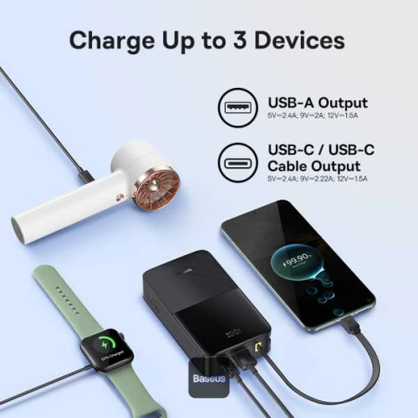 LiPo išorinis akumuliatorius (Powerbank) 20000mAh 22.5W su įmontuotu USB-C kabeliu, USB-A, USB-C Bipow2 Pro EnerFill Juodas BASEUS