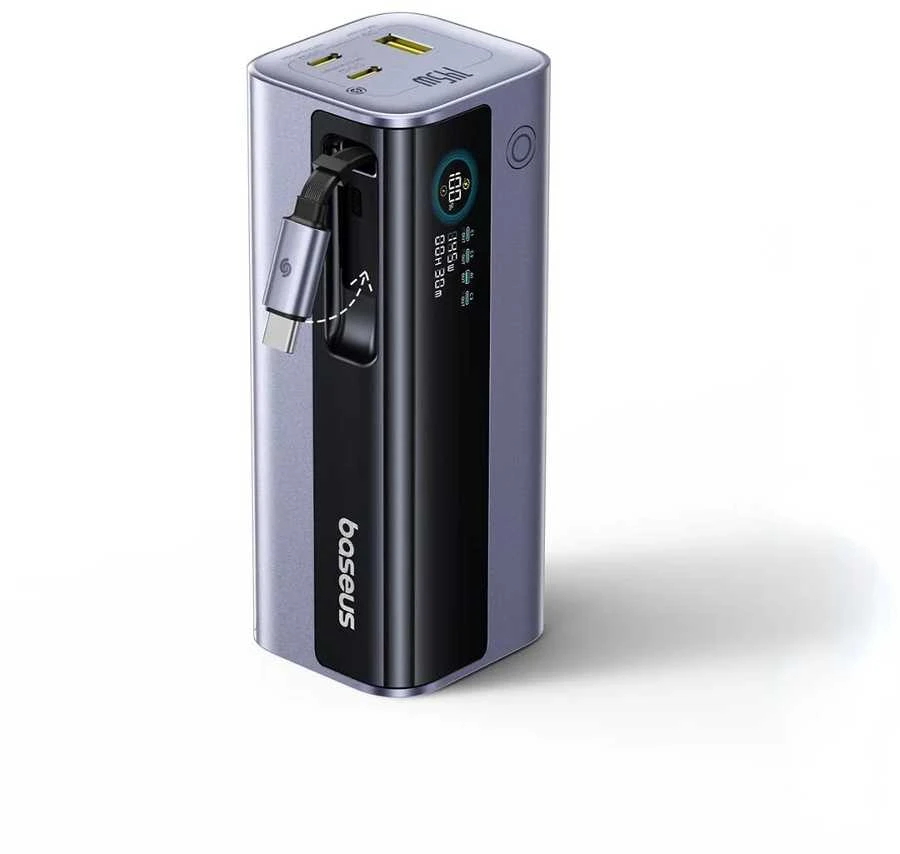 LiPo išorinis akumuliatorius (Powerbank) 20000mAh 145W, su įmontuotu USB-C kabeliu, USB-A, USB-C pilkas EnerGeek GR11 BASEUS