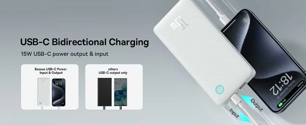 LiPo išorinis akumuliatorius (PowerBank) 10000mAh 15W USB + USB-C Airpow Lite baltas BASEUS