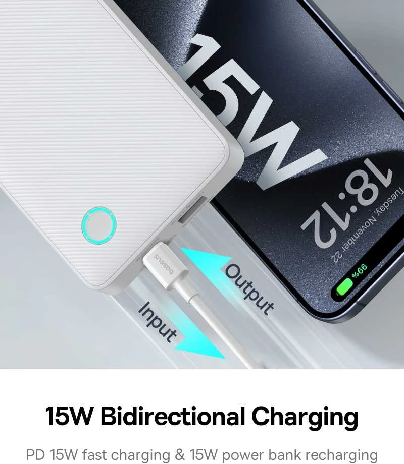 LiPo išorinis akumuliatorius (PowerBank) 10000mAh 15W USB + USB-C Airpow Lite baltas BASEUS