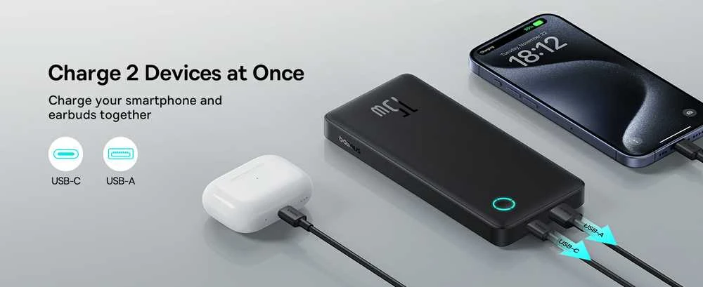 LiPo išorinis akumuliatorius (PowerBank) 10000mAh 15W USB + USB-C Airpow Lite juodas BASEUS