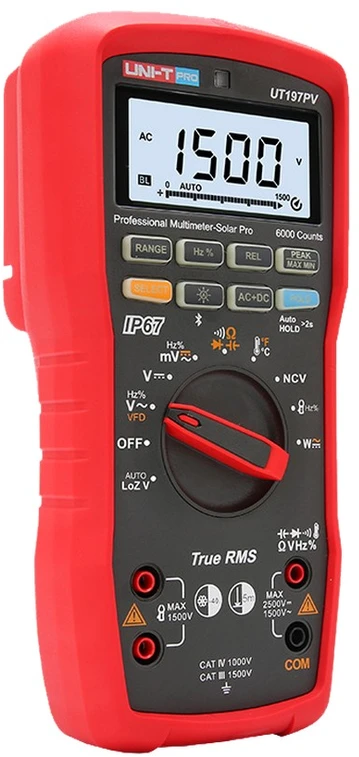 Multimetras SOLAR PRO, TRMS, 2,5 kV DC, 1 kV AC, 10 A AC/DC, 1 MHz, 60 MOm, 60 uF, IP65, CAT III 1500 V, CAT IV 1000 V, IP67, Bluetooth, UNI-T