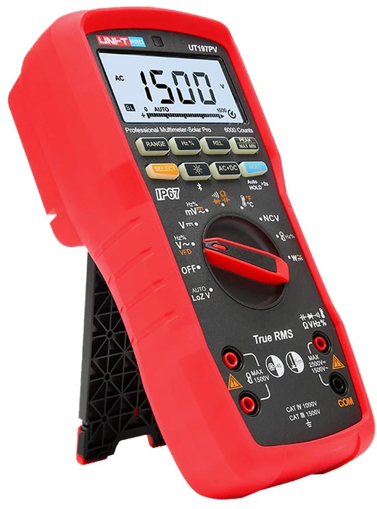 Multimetras SOLAR PRO, TRMS, 2,5 kV DC, 1 kV AC, 10 A AC/DC, 1 MHz, 60 MOm, 60 uF, IP65, CAT III 1500 V, CAT IV 1000 V, IP67, Bluetooth, UNI-T