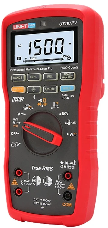 Multimetras SOLAR PRO, TRMS, 2,5 kV DC, 1 kV AC, 10 A AC/DC, 1 MHz, 60 MOm, 60 uF, IP65, CAT III 1500 V, CAT IV 1000 V, IP67, Bluetooth, UNI-T