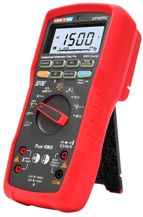 Multimetras SOLAR PRO, TRMS, 2,5 kV DC, 1 kV AC, 10 A AC/DC, 1 MHz, 60 MOm, 60 uF, IP65, CAT III 1500 V, CAT IV 1000 V, IP67, Bluetooth, UNI-T