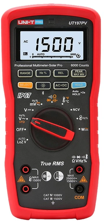 Multimetras SOLAR PRO, TRMS, 2,5 kV DC, 1 kV AC, 10 A AC/DC, 1 MHz, 60 MOm, 60 uF, IP65, CAT III 1500 V, CAT IV 1000 V, IP67, Bluetooth, UNI-T