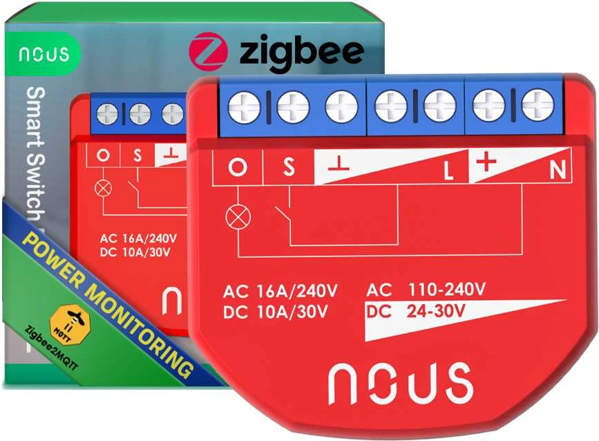 Nous Išmani relė / jungiklis su sauso kontakto jungtimis, 1 kanalo, su galios matavimu, ZigBee 2MQTT, TUYA