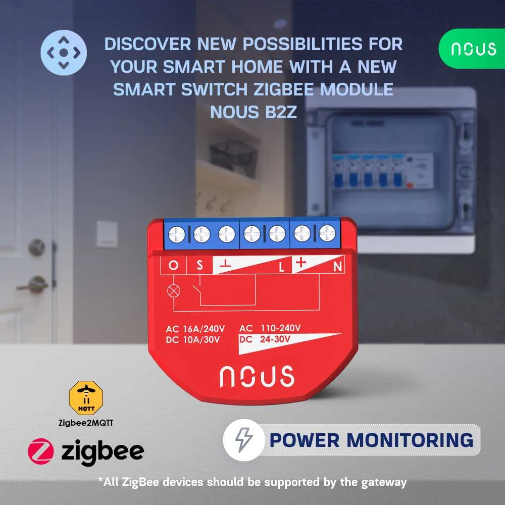 Nous Išmani relė / jungiklis su sauso kontakto jungtimis, 1 kanalo, su galios matavimu, ZigBee 2MQTT, TUYA