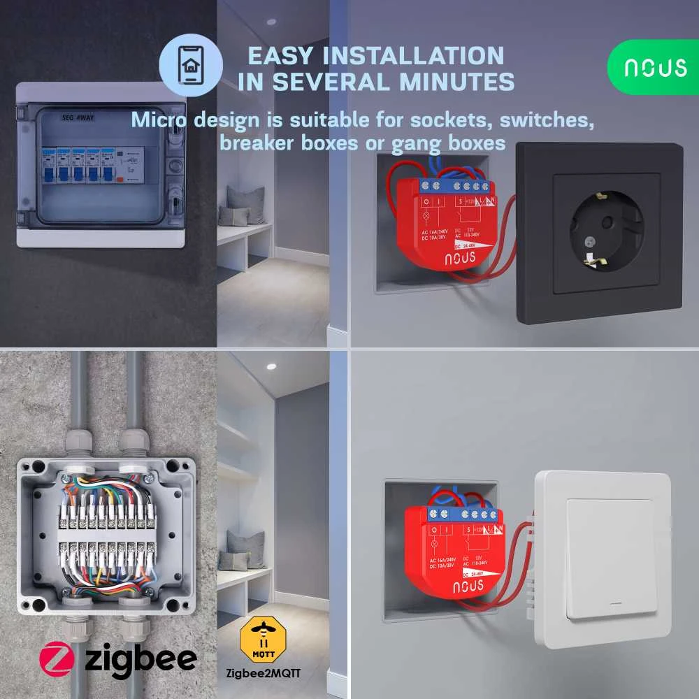 Nous Išmani relė / jungiklis su sauso kontakto jungtimis, 1 kanalo, be galios matavimo ZigBee 2MQTT, TUYA