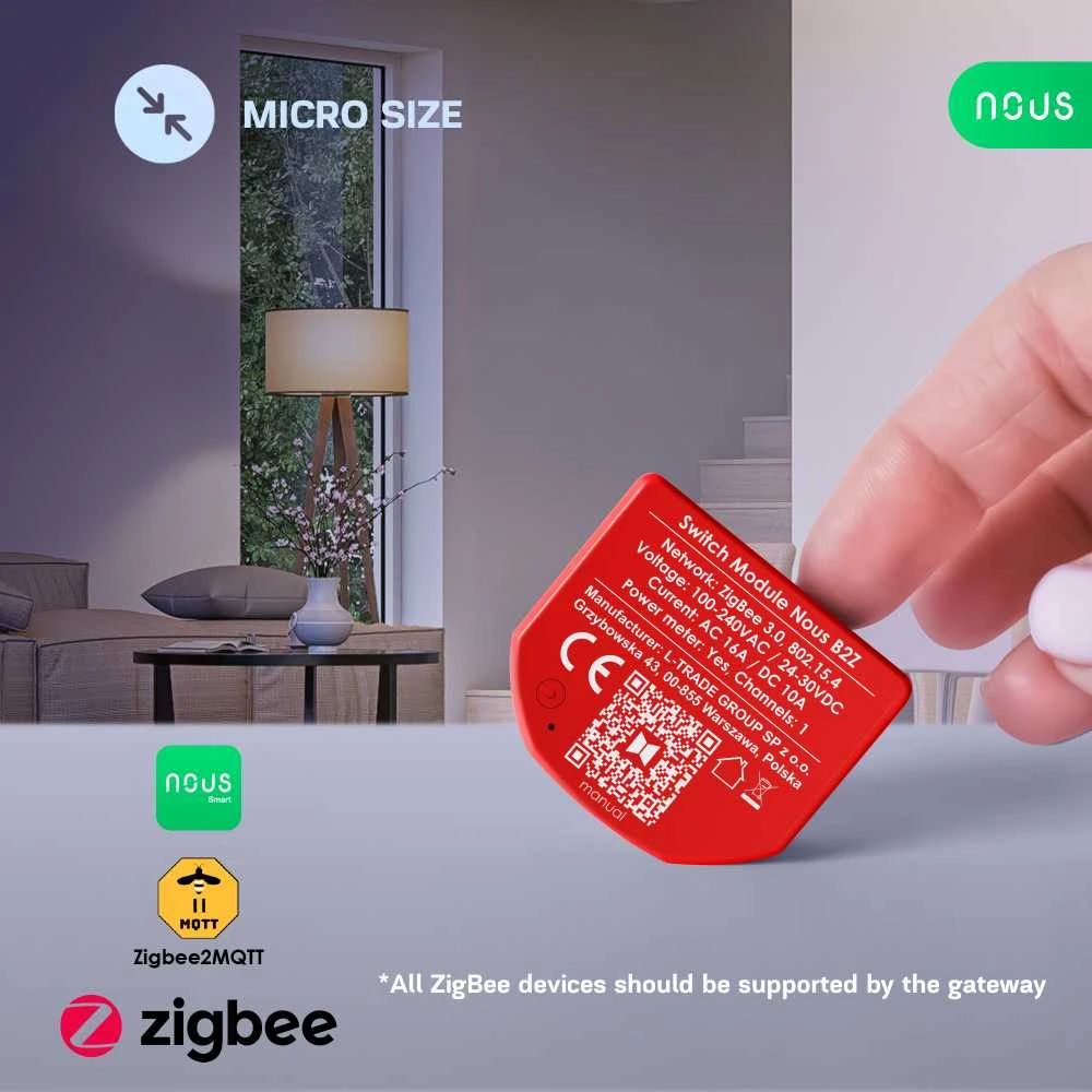 Nous Išmani relė / jungiklis su sauso kontakto jungtimis, 1 kanalo, su galios matavimu, ZigBee 2MQTT, TUYA