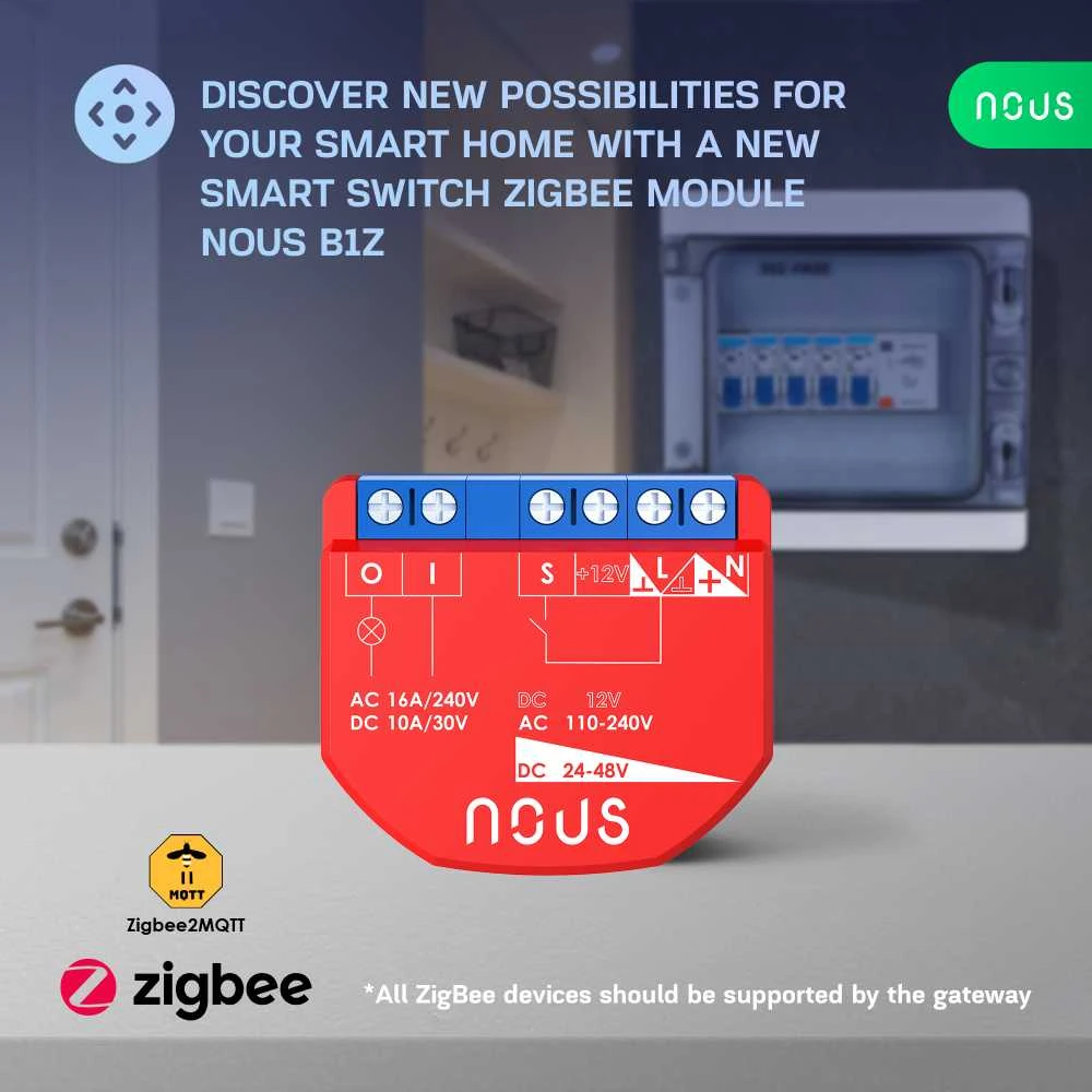 Nous Išmani relė / jungiklis su sauso kontakto jungtimis, 1 kanalo, be galios matavimo ZigBee 2MQTT, TUYA