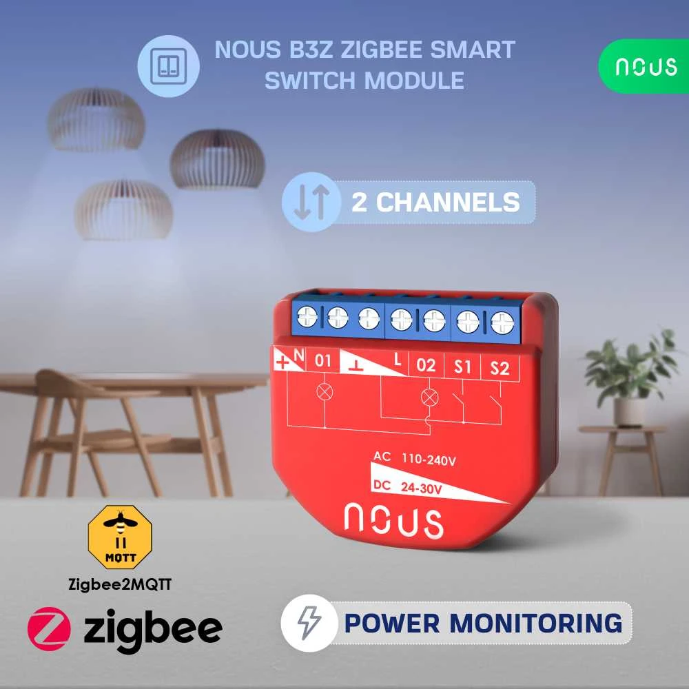 Nous Išmani relė / jungiklis su sauso kontakto jungtimis, 2 kanalų, su galios matavimu ZigBee 2MQTT, TUYA