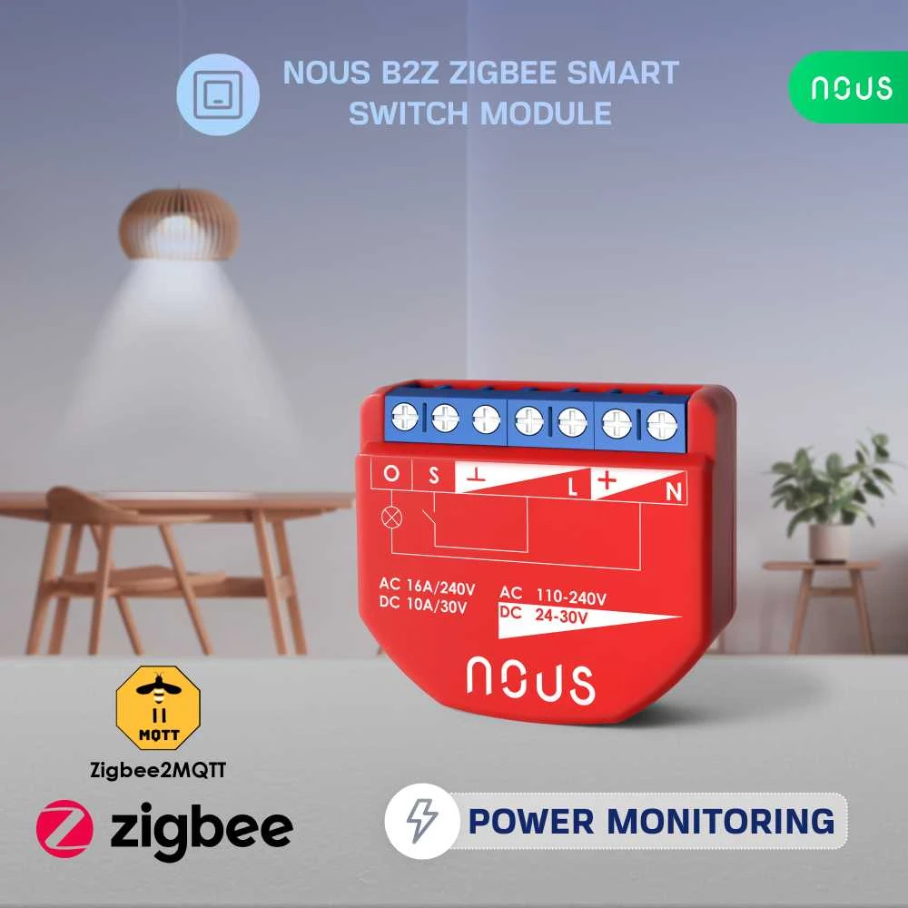 Nous Išmani relė / jungiklis su sauso kontakto jungtimis, 1 kanalo, su galios matavimu, ZigBee 2MQTT, TUYA