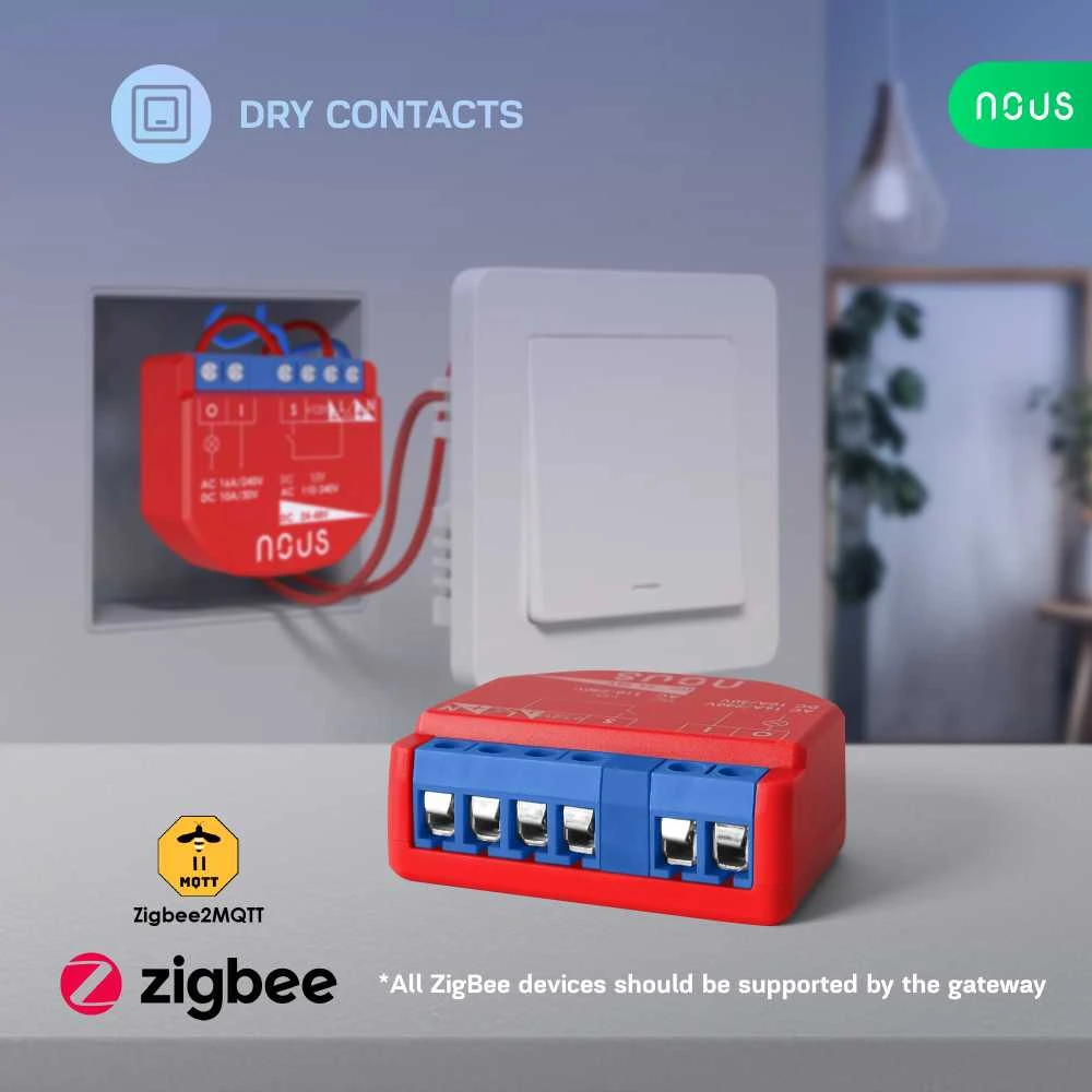 Nous Išmani relė / jungiklis su sauso kontakto jungtimis, 1 kanalo, be galios matavimo ZigBee 2MQTT, TUYA