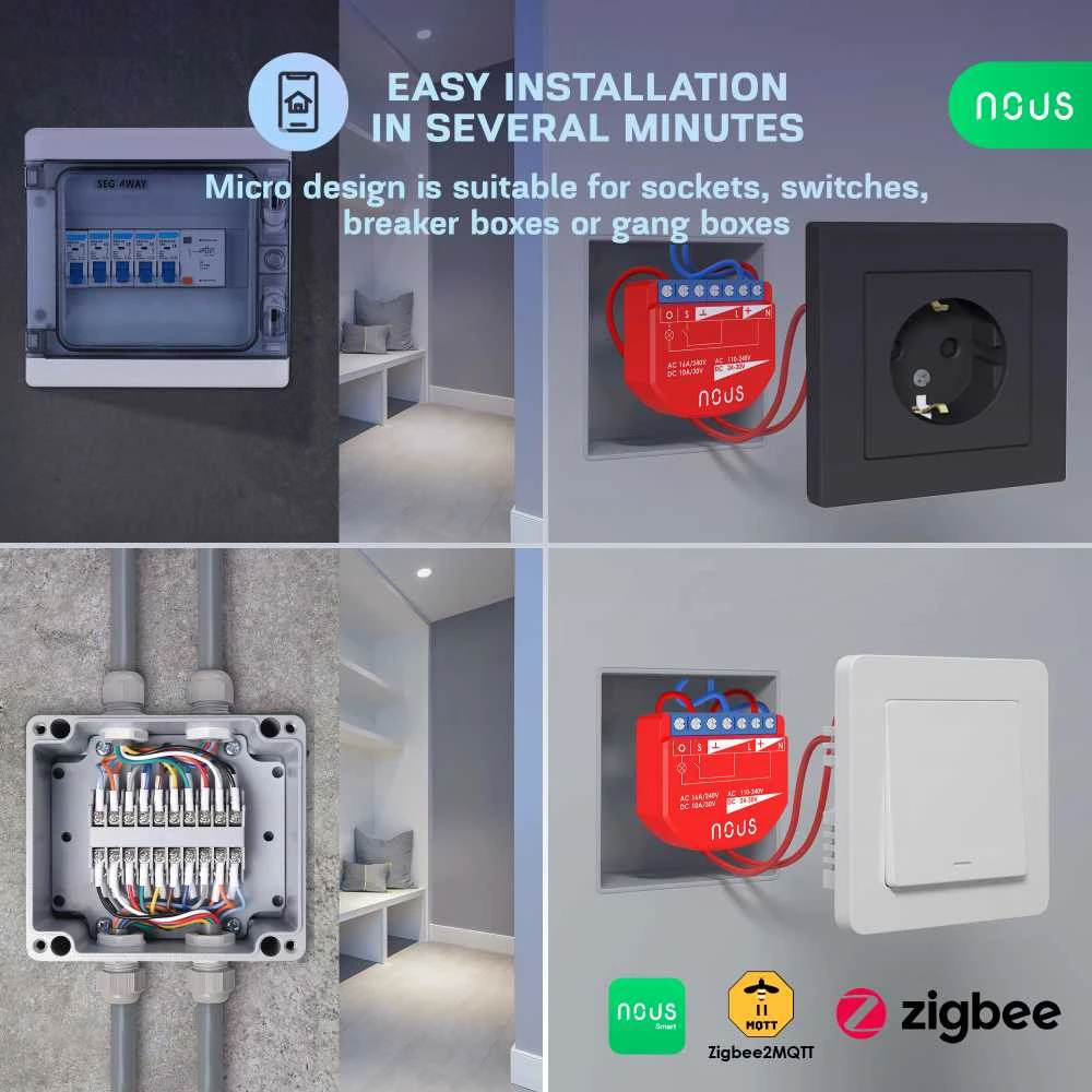 Nous Išmani relė / jungiklis su sauso kontakto jungtimis, 1 kanalo, su galios matavimu, ZigBee 2MQTT, TUYA