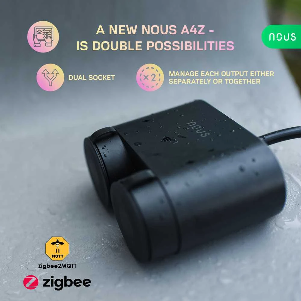 Nous Išmanioji rozetė ZigBee, dviguba, 230Vac 16A, hermetiška IP44, su energijos matavimu, TUYA / Smart Life