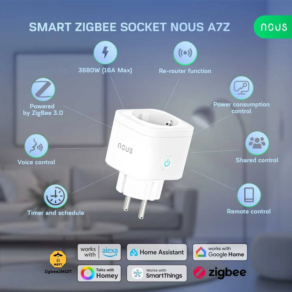 Nous Išmanioji ZigBee rozetė A7Z, 3680W 16A, su energijos matavimu, TUYA MQTT