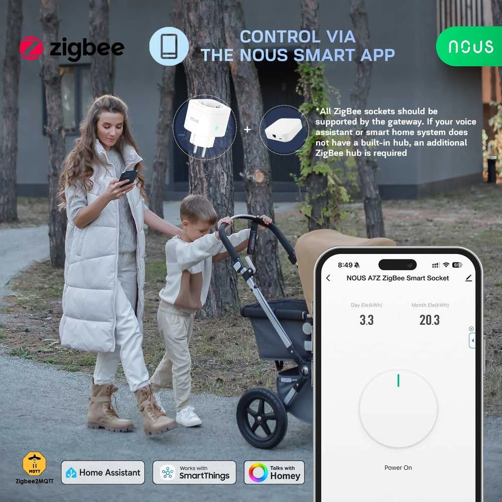 Nous Išmanioji ZigBee rozetė A7Z, 3680W 16A, su energijos matavimu, TUYA MQTT