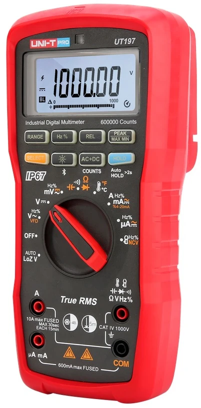 Pramoninis multimetras, 1000V AC/DC, 10A AC/DC, 60MOm; 60mF; 1MHz; 1000C, TRMS, IP67, Bluetooth, CAT IV 1000V ir CAT III 1500V, UNI-T