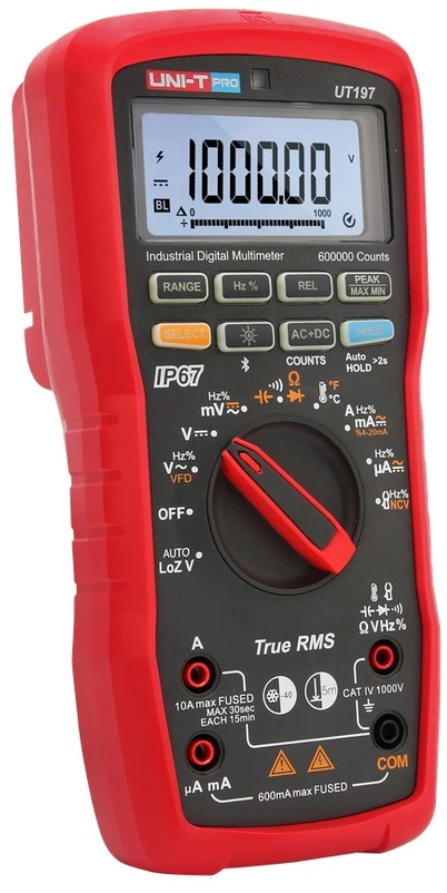 Pramoninis multimetras, 1000V AC/DC, 10A AC/DC, 60MOm; 60mF; 1MHz; 1000C, TRMS, IP67, Bluetooth, CAT IV 1000V ir CAT III 1500V, UNI-T