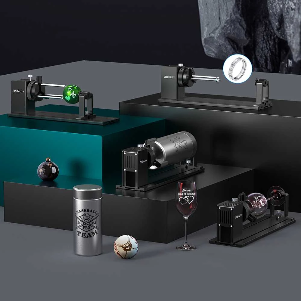 Creality Rotary Kit Pro modulių pavyzdžiai su graviruotais daiktais