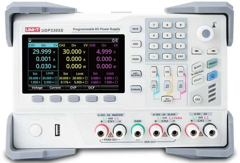Programuojamas DC maitinimo šaltinis, 4kanalai, 328W, CH1/CH2:0~30V/5A CH3:0~6V/3A, CH4:5V, 2A, 10mV, 1mA RS232, RS485, USB, LAN, UNI-T