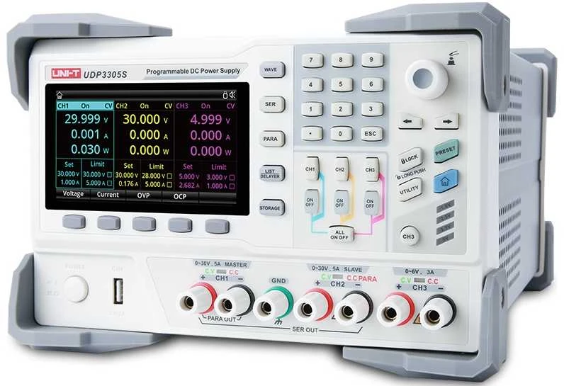 Programuojamas DC maitinimo šaltinis, 4kanalai, 328W, CH1/CH2:0~30V/5A CH3:0~6V/3A, CH4:5V, 2A, 10mV, 1mA RS232, RS485, USB, LAN, UNI-T