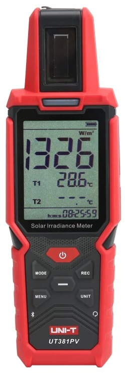 Saulės spinduliuotės matuoklis, 1400W/m², -40～120℃, –90.0~+90.0 °, 0~360°, Bluetooth, IP65, UNI-T