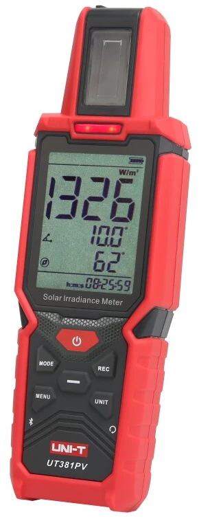 Saulės spinduliuotės matuoklis, 1400W/m², -40～120℃, –90.0~+90.0 °, 0~360°, Bluetooth, IP65, UNI-T